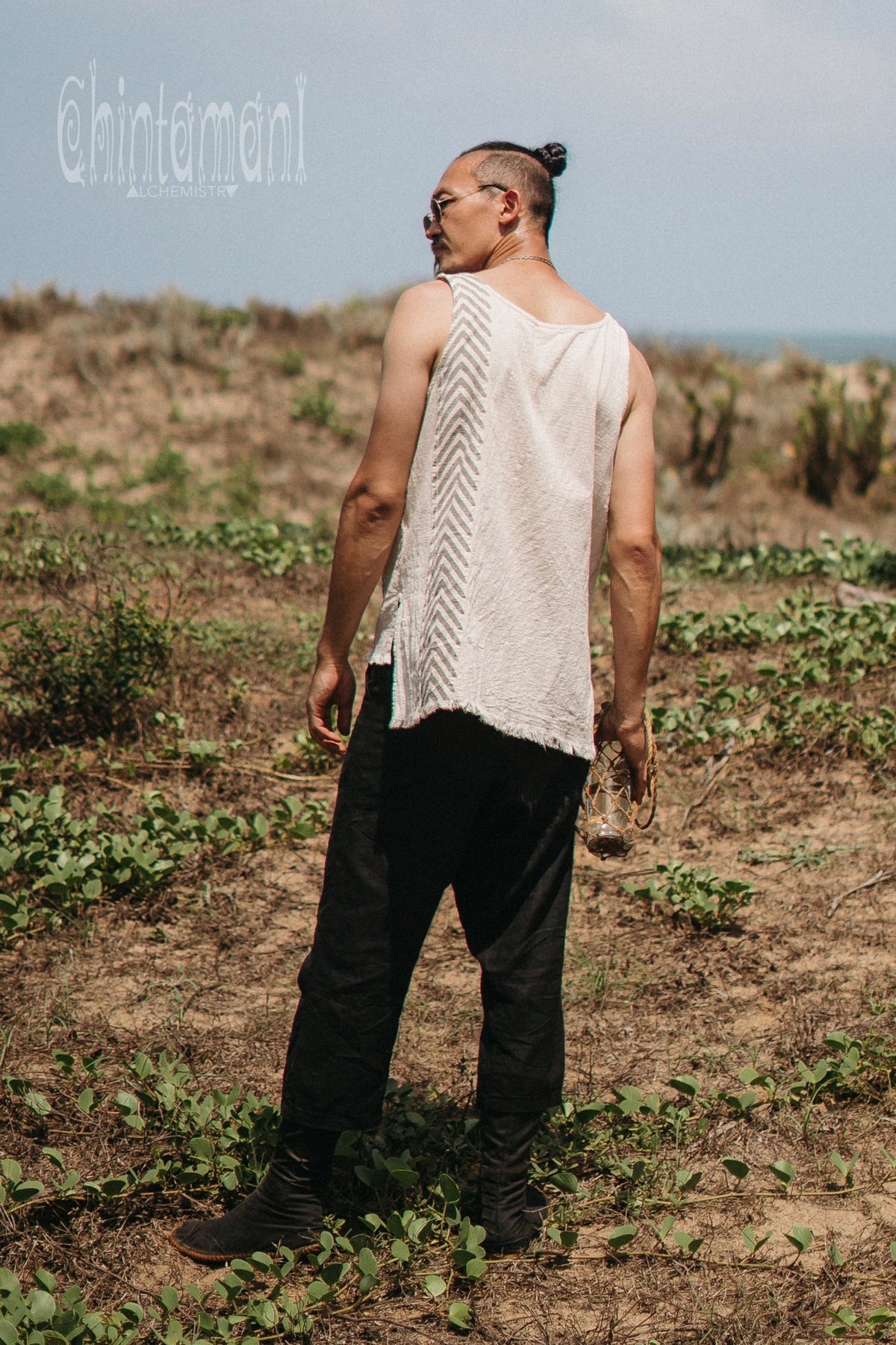 Organic Mens Vest Top with Corners Print / Light Grey - ChintamaniAlchemi