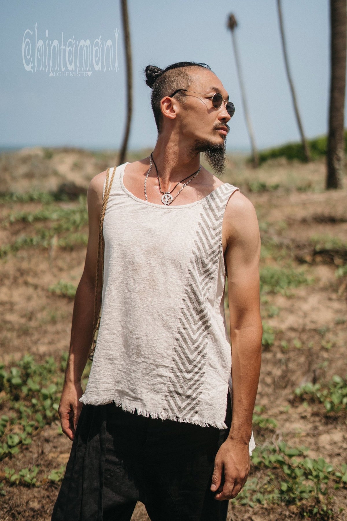 Organic Mens Vest Top with Corners Print / Light Grey - ChintamaniAlchemi