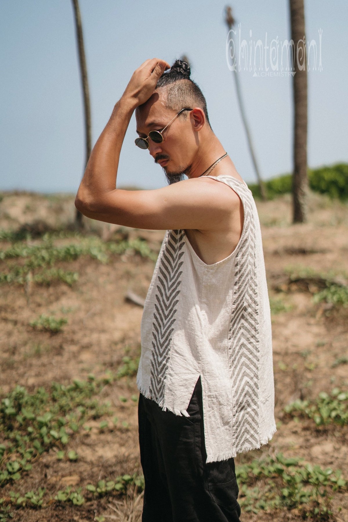 Organic Mens Vest Top with Corners Print / Light Grey - ChintamaniAlchemi