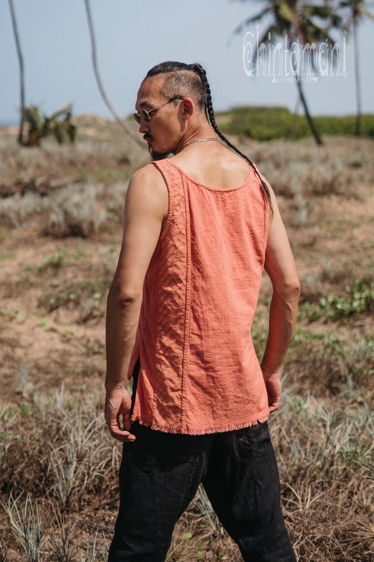 Organic Mens Vest Top with Corners Print / Salmon - ChintamaniAlchemi