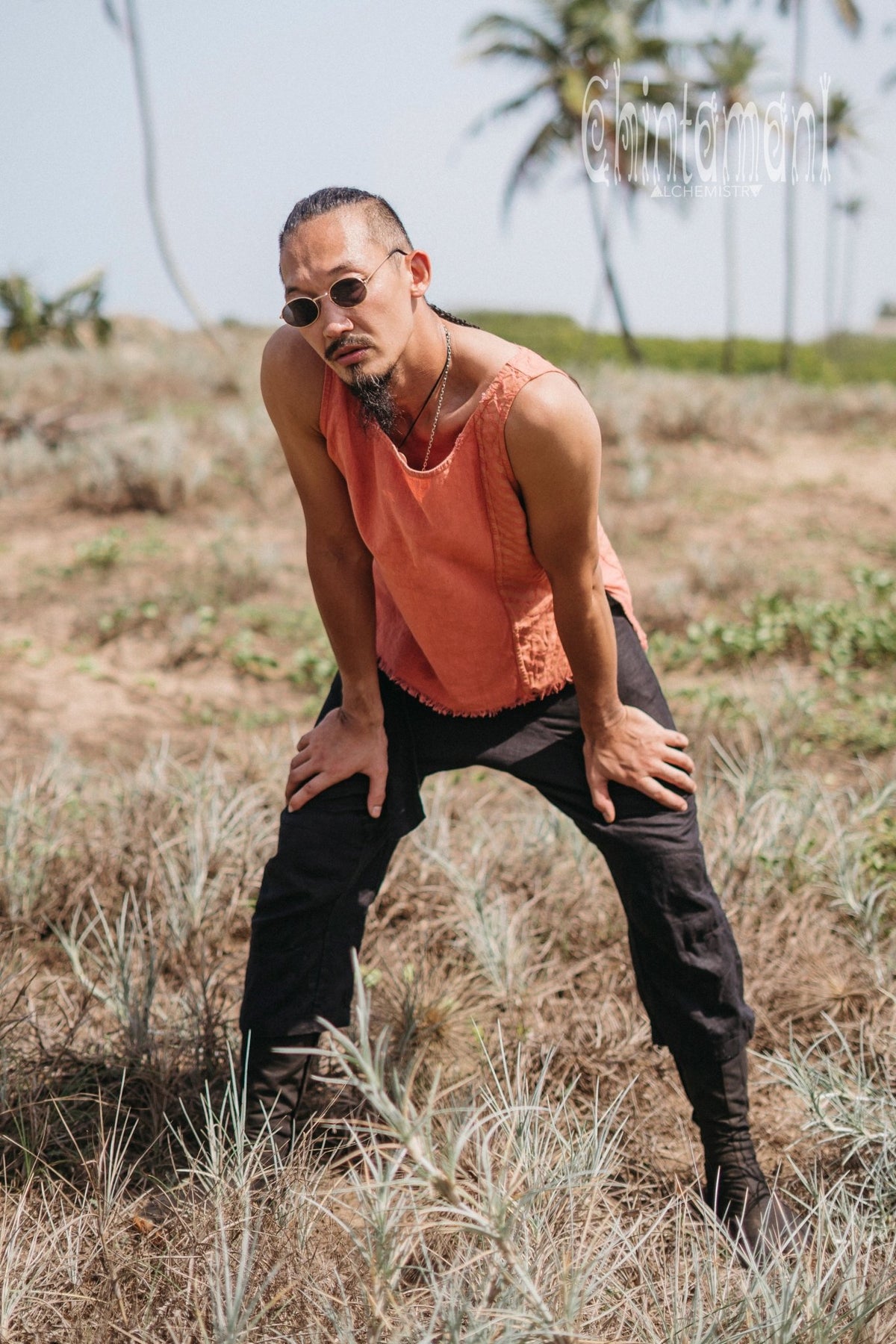 Organic Mens Vest Top with Corners Print / Salmon - ChintamaniAlchemi