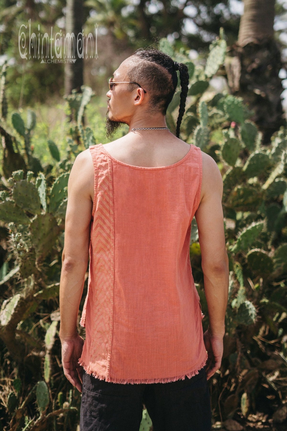 Organic Mens Vest Top with Corners Print / Salmon - ChintamaniAlchemi