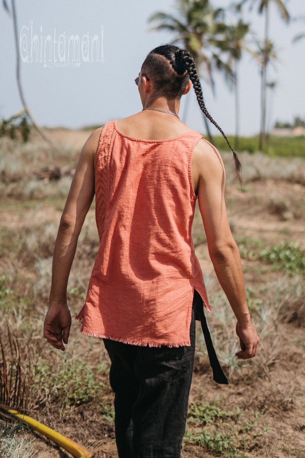 Organic Mens Vest Top with Corners Print / Salmon - ChintamaniAlchemi