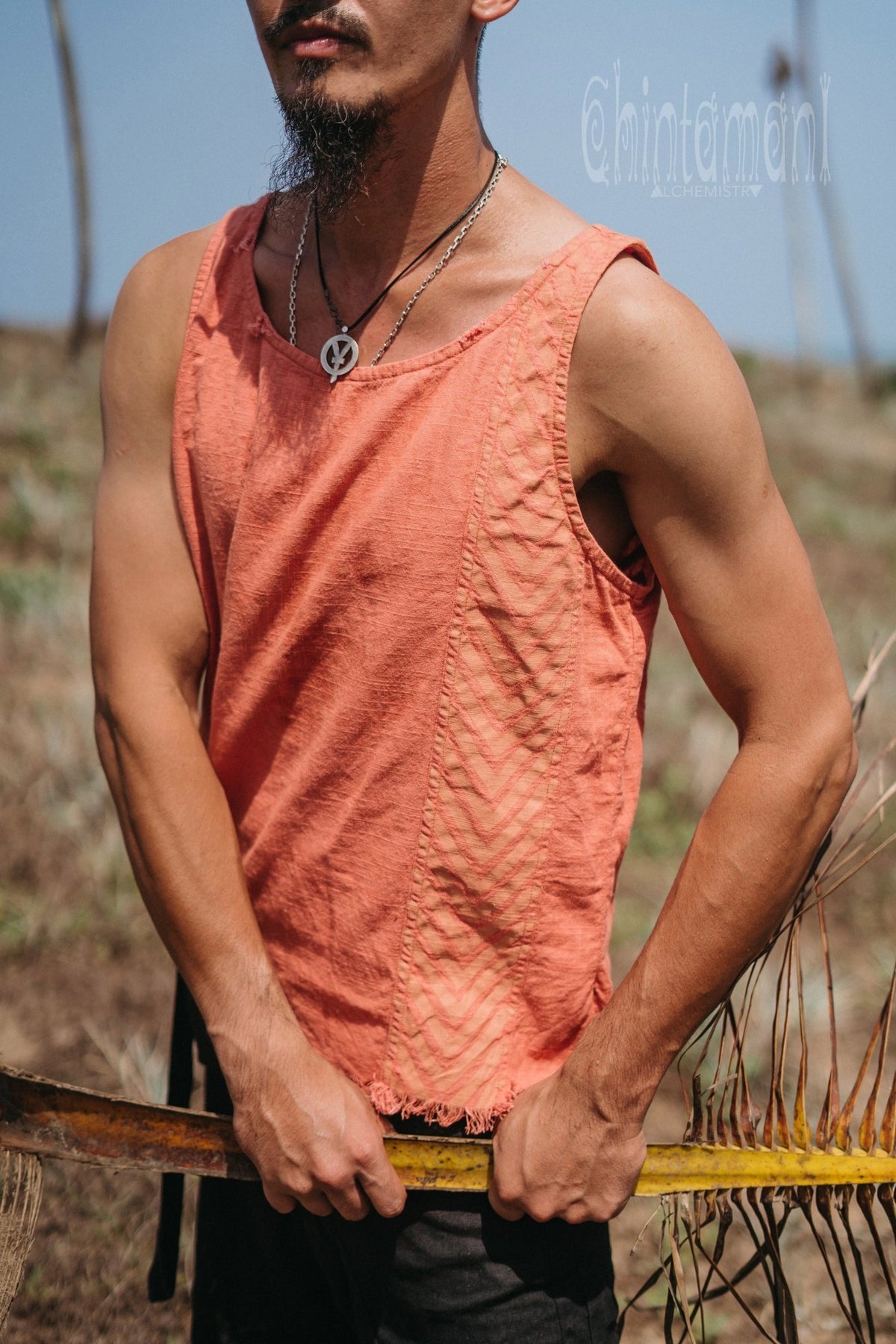 Organic Mens Vest Top with Corners Print / Salmon - ChintamaniAlchemi