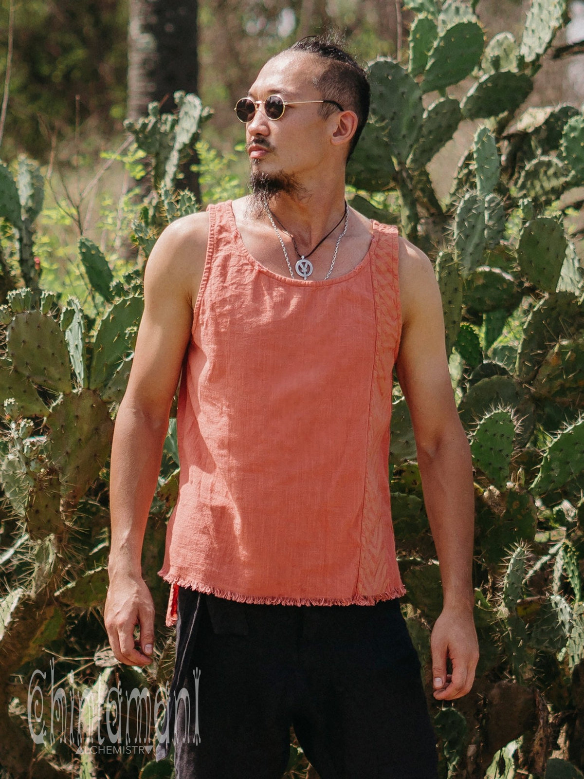 Organic Mens Vest Top with Corners Print / Salmon - ChintamaniAlchemi