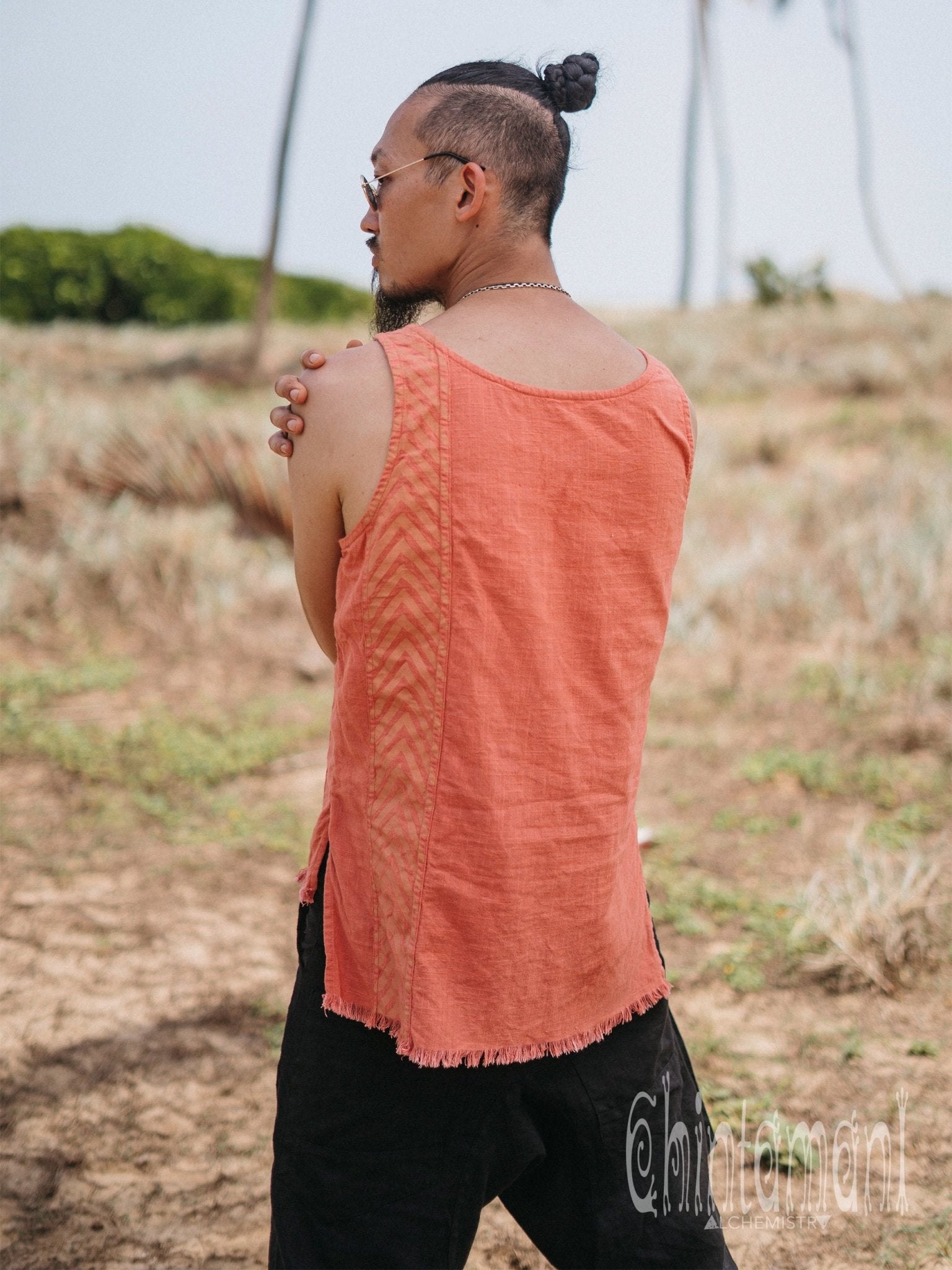 Organic Mens Vest Top with Corners Print / Salmon - ChintamaniAlchemi