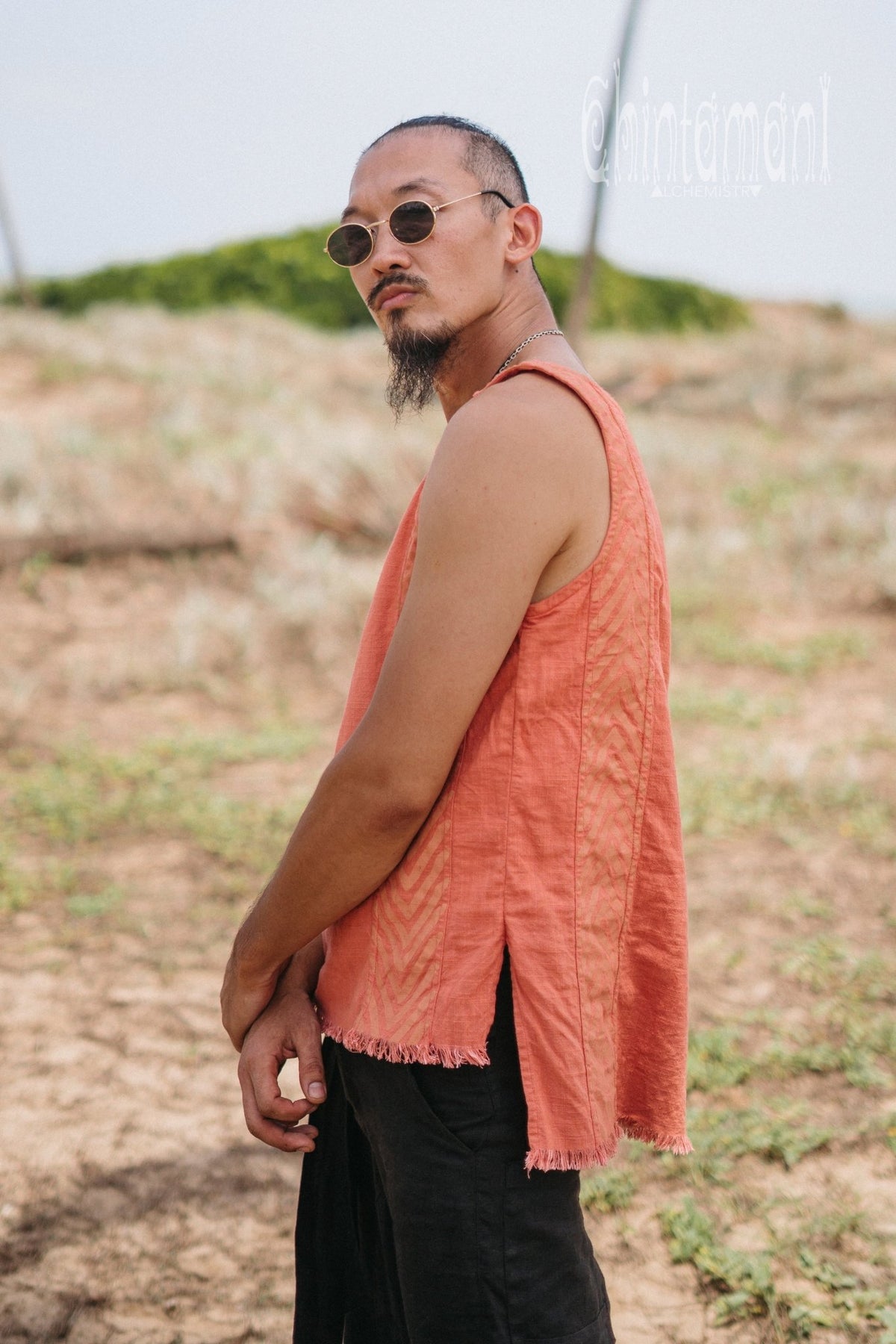 Organic Mens Vest Top with Corners Print / Salmon - ChintamaniAlchemi