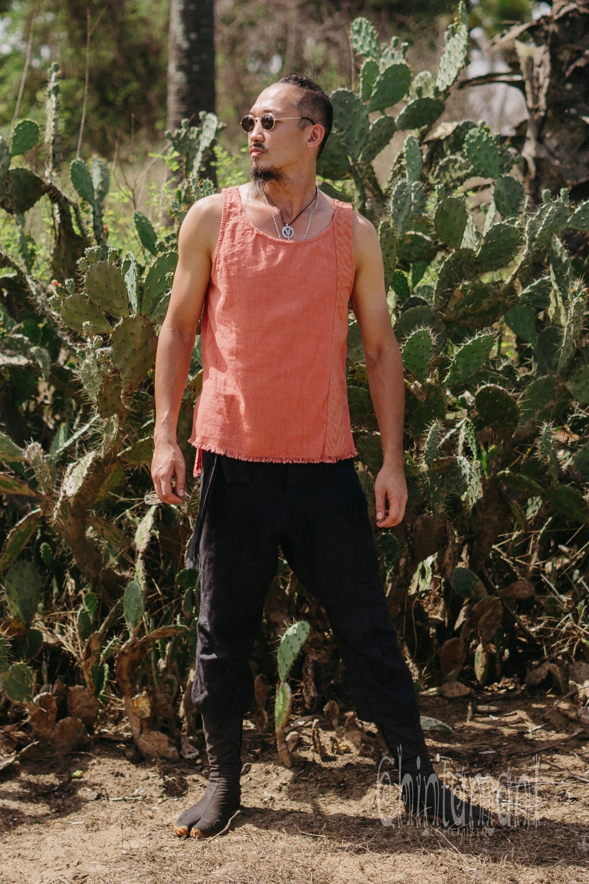 Organic Mens Vest Top with Corners Print / Salmon - ChintamaniAlchemi