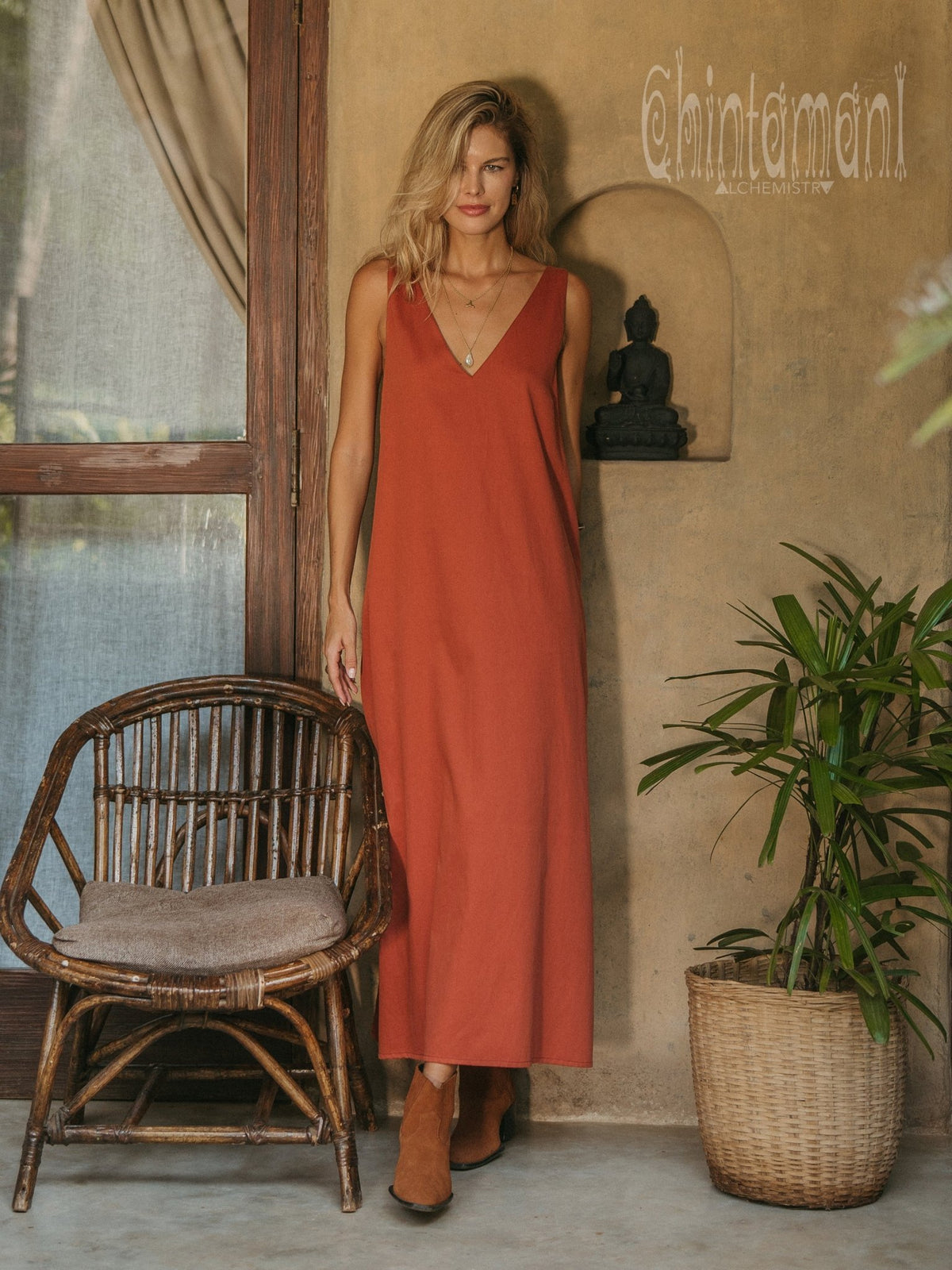Organic Satin Maxi Dress / Red Ochre - ChintamaniAlchemi