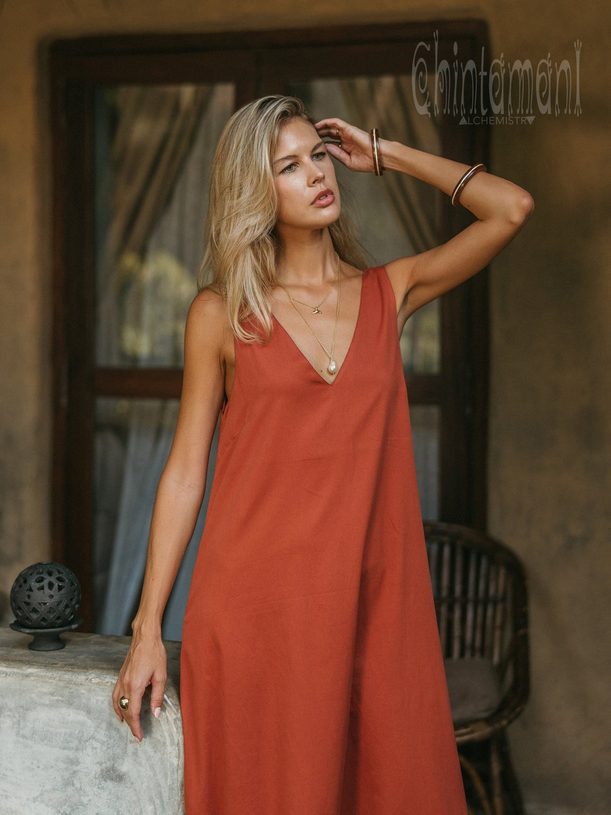 Organic Satin Maxi Dress / Red Ochre - ChintamaniAlchemi