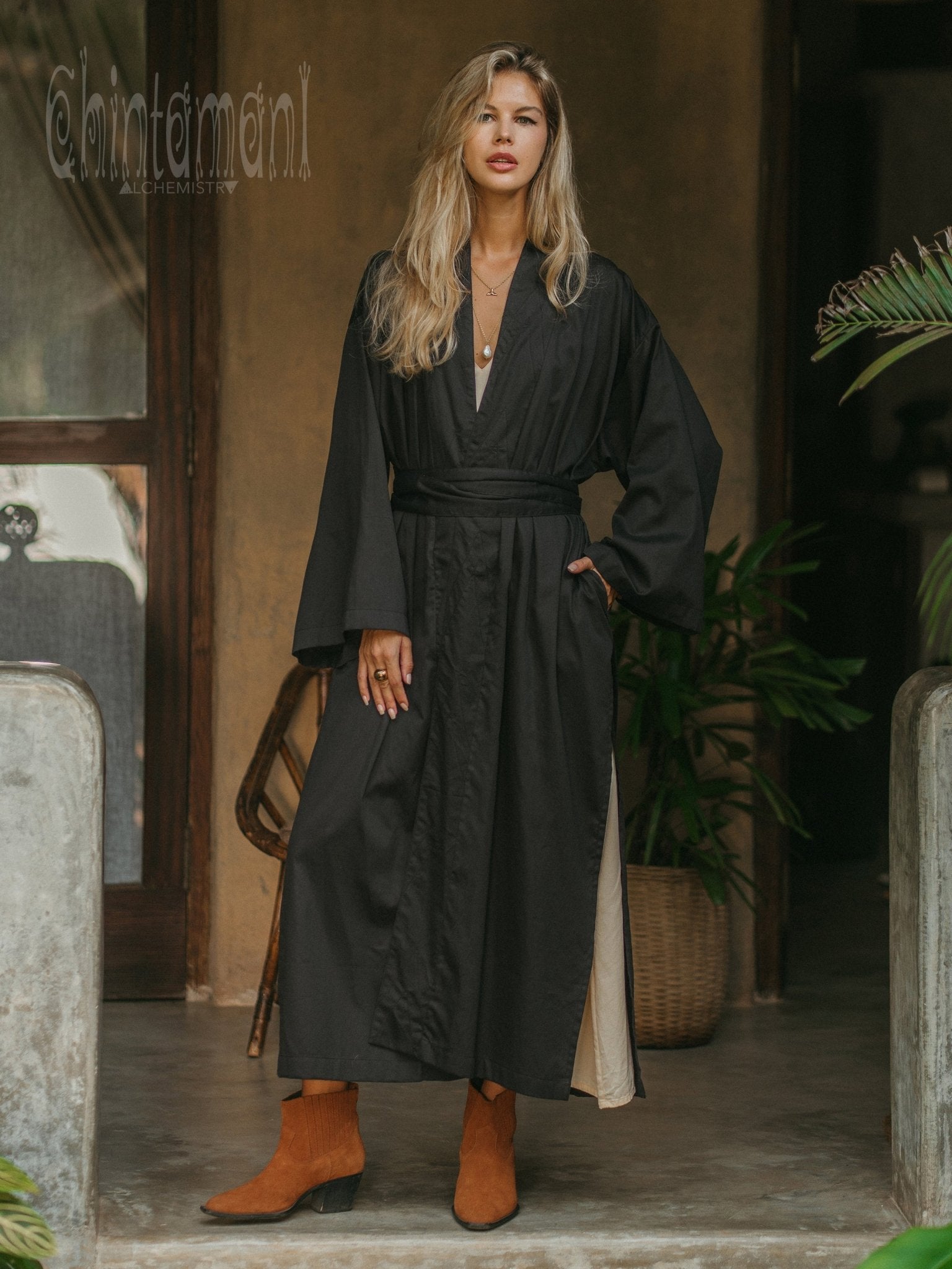 Organic Satin Maxi Kimono / Black - ChintamaniAlchemi