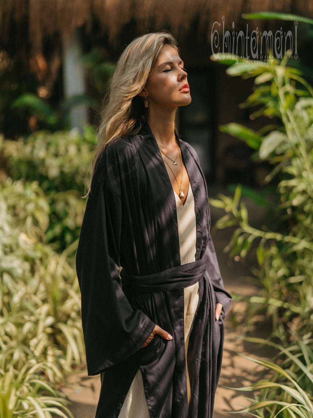 Organic Satin Maxi Kimono / Black - ChintamaniAlchemi