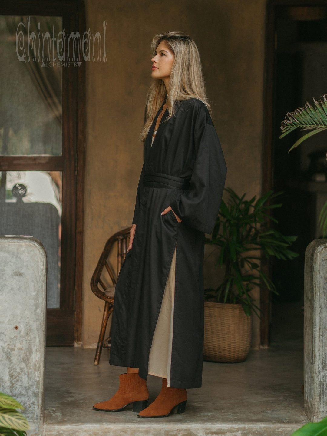 Organic Satin Maxi Kimono / Black - ChintamaniAlchemi
