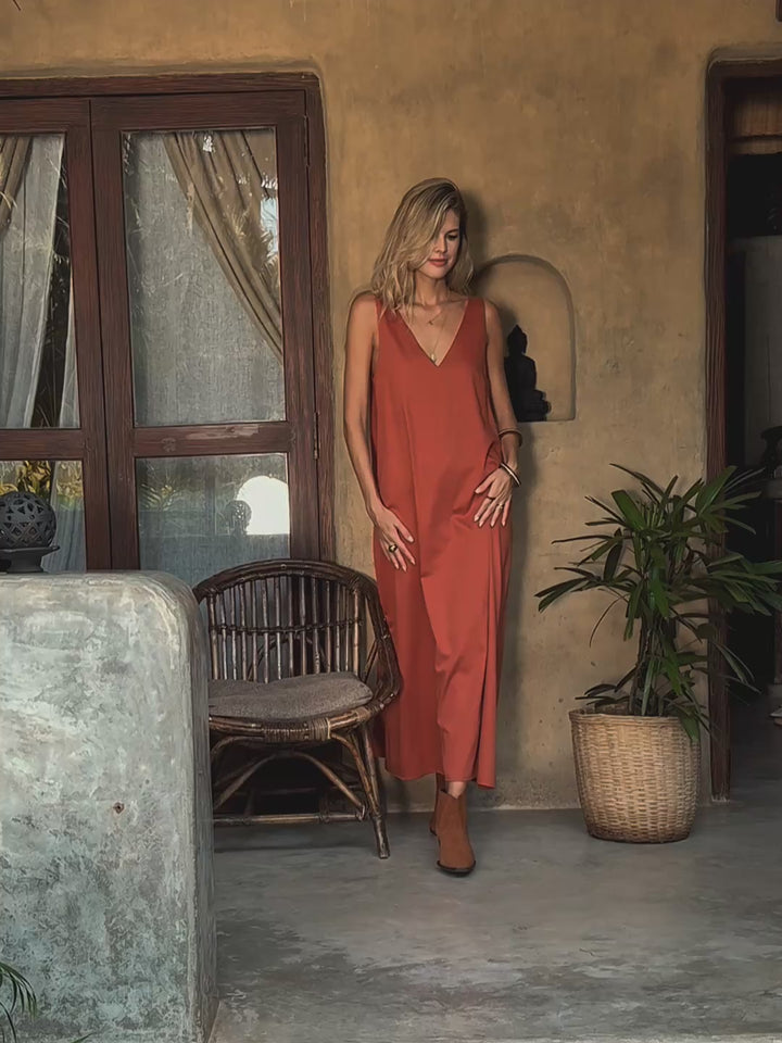 Organic Satin Maxi Dress / Red Ochre