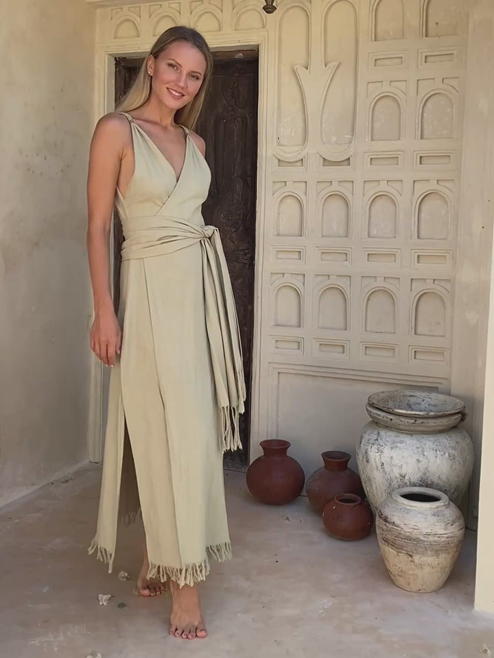 Sleeveless Raw Wrap Dress / Sage