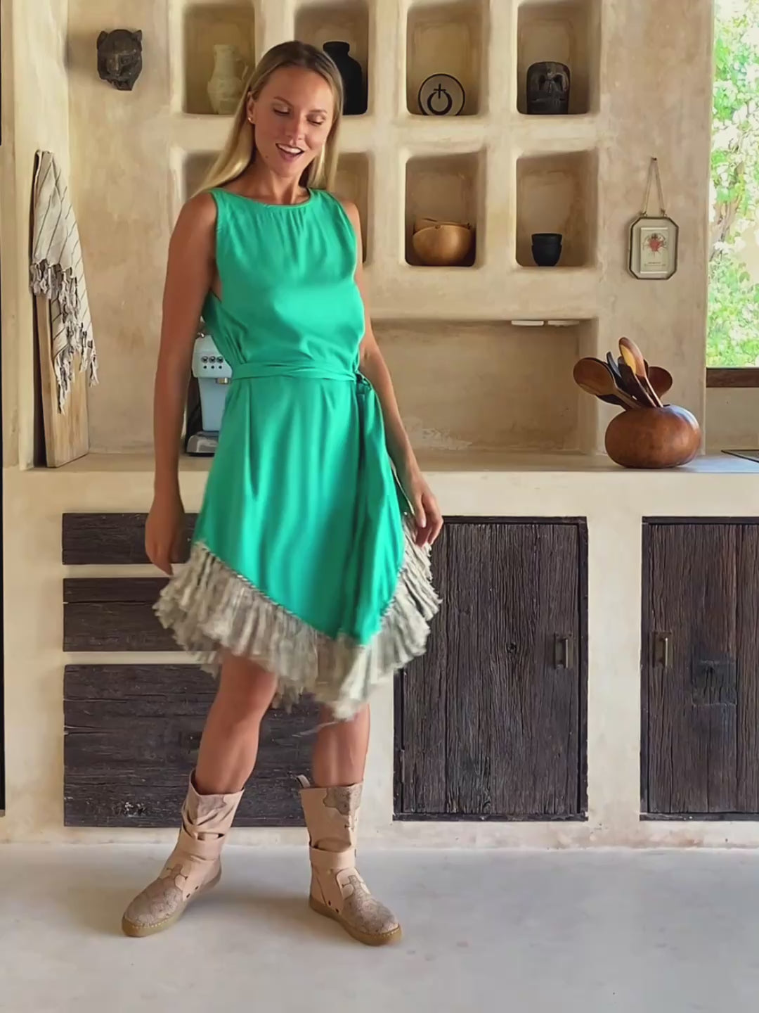 Corner Fringed Dress / Green