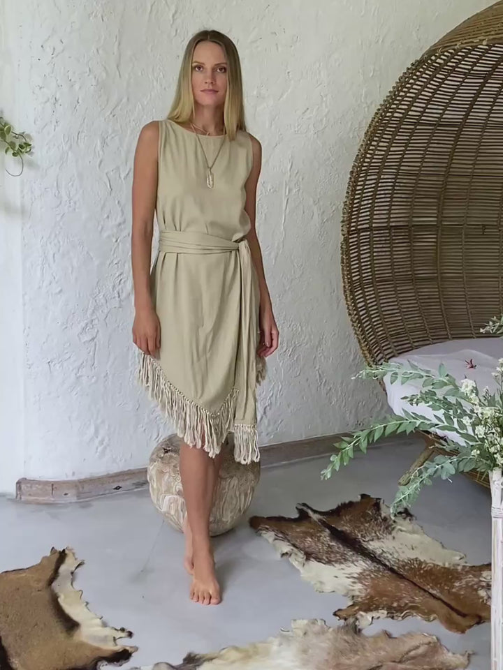 Corner Fringed Dress / Sage Green