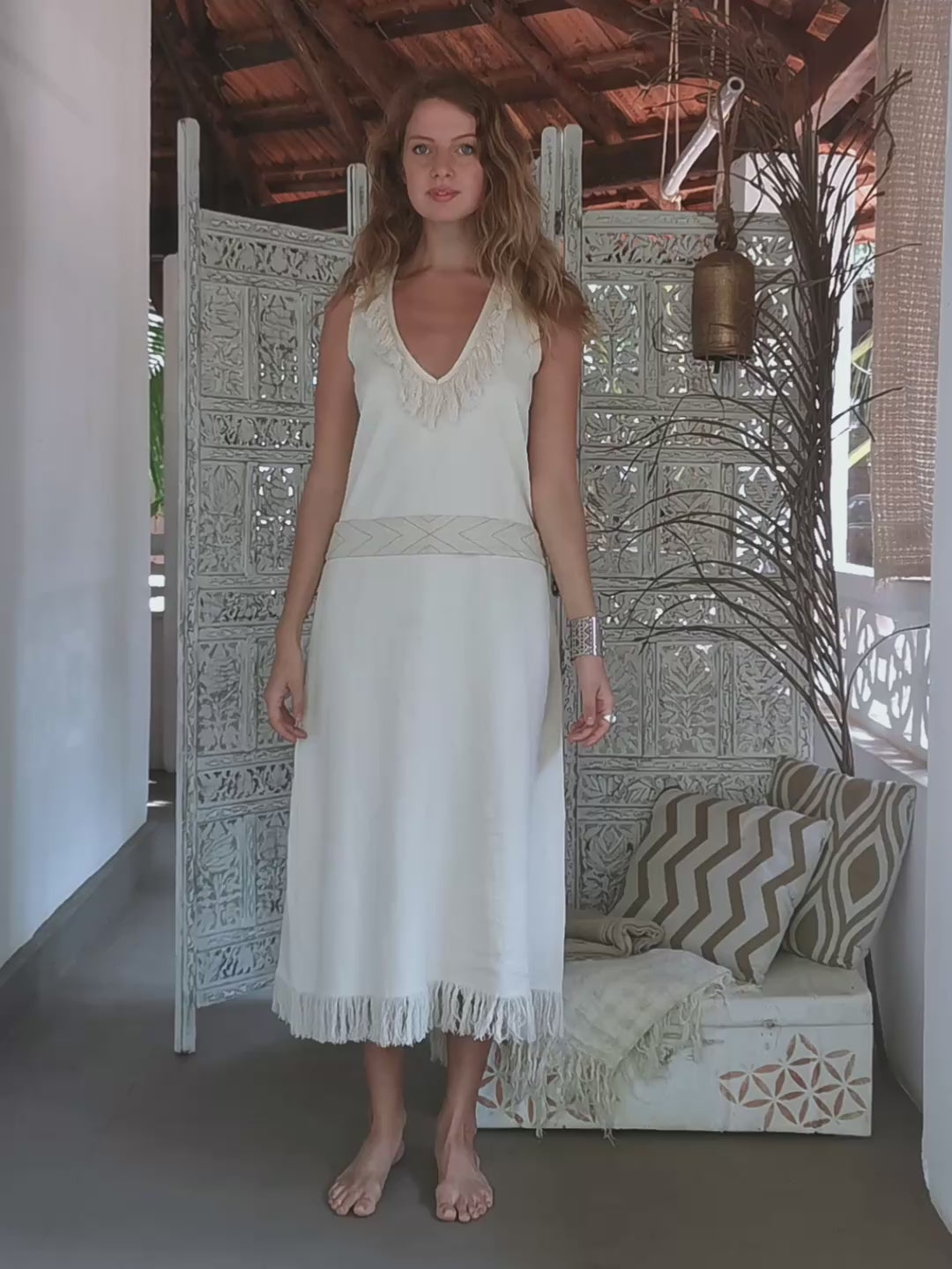 Fringed Midi V Dress / Off White