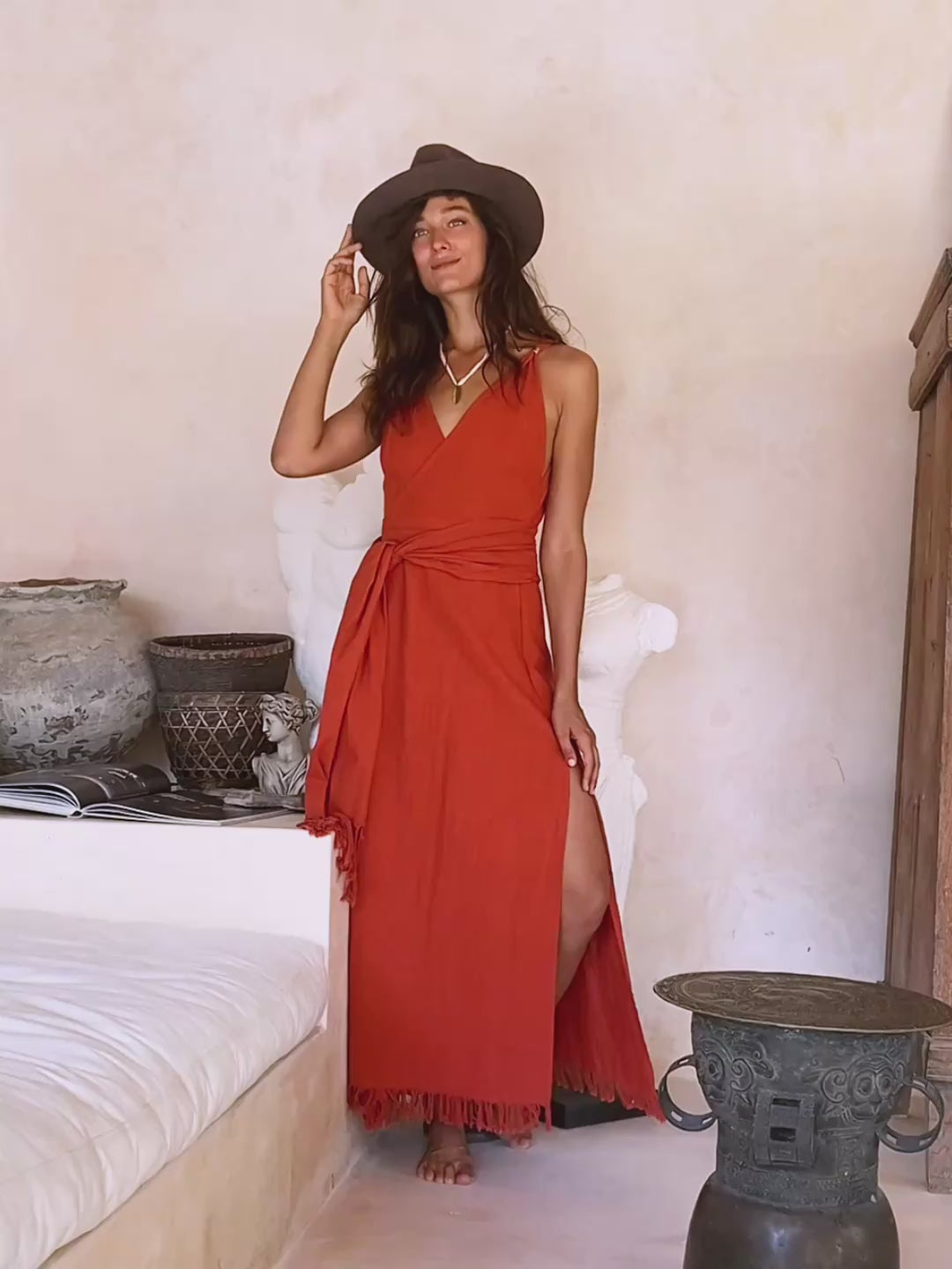 Sleeveless Raw Wrap Dress / Red Ochre