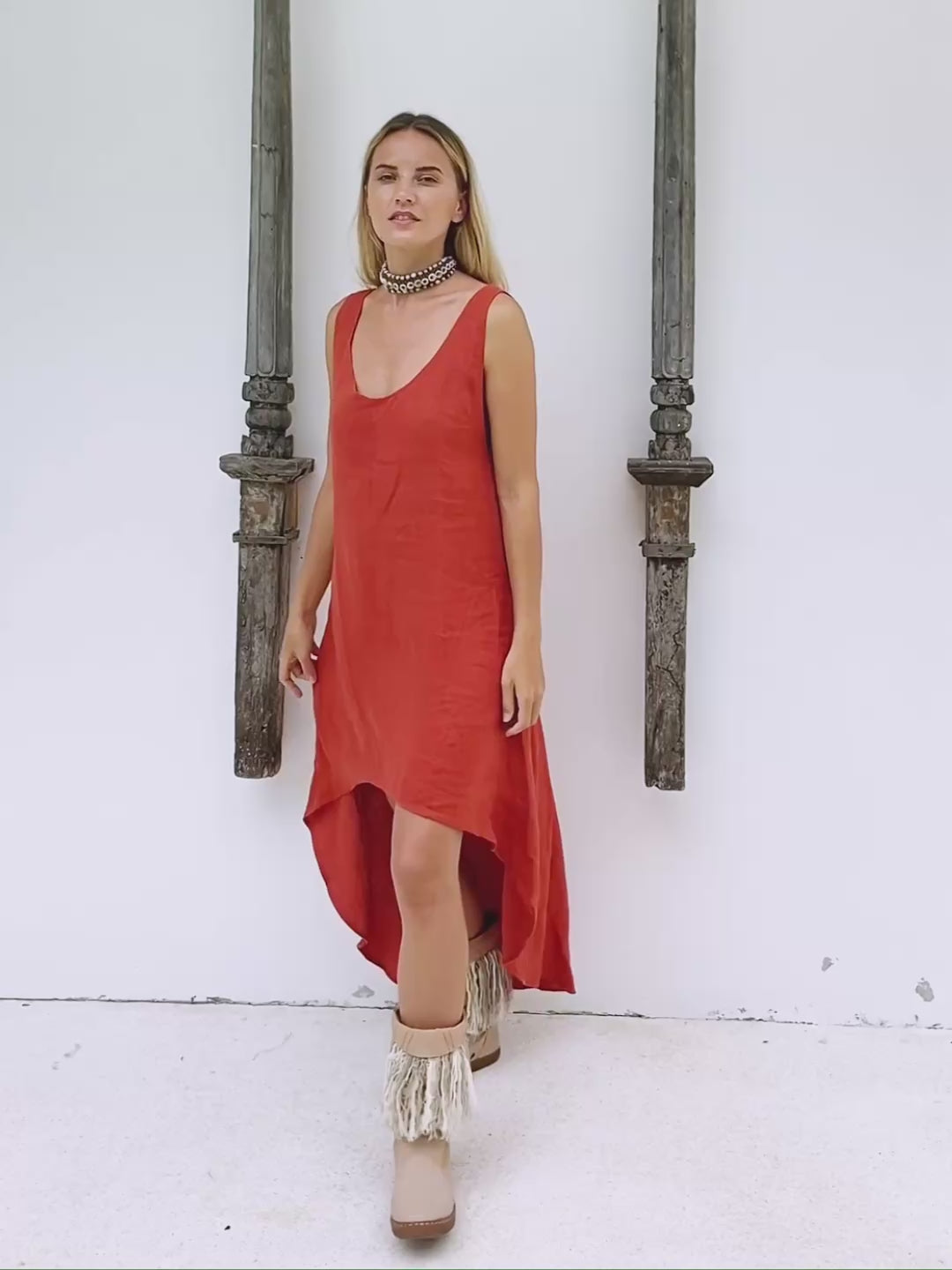 High Low Linen Dress / Red Ochre