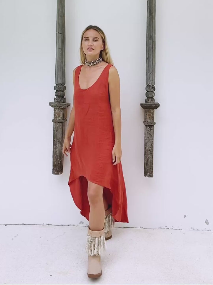 High Low Linen Dress / Red Ochre