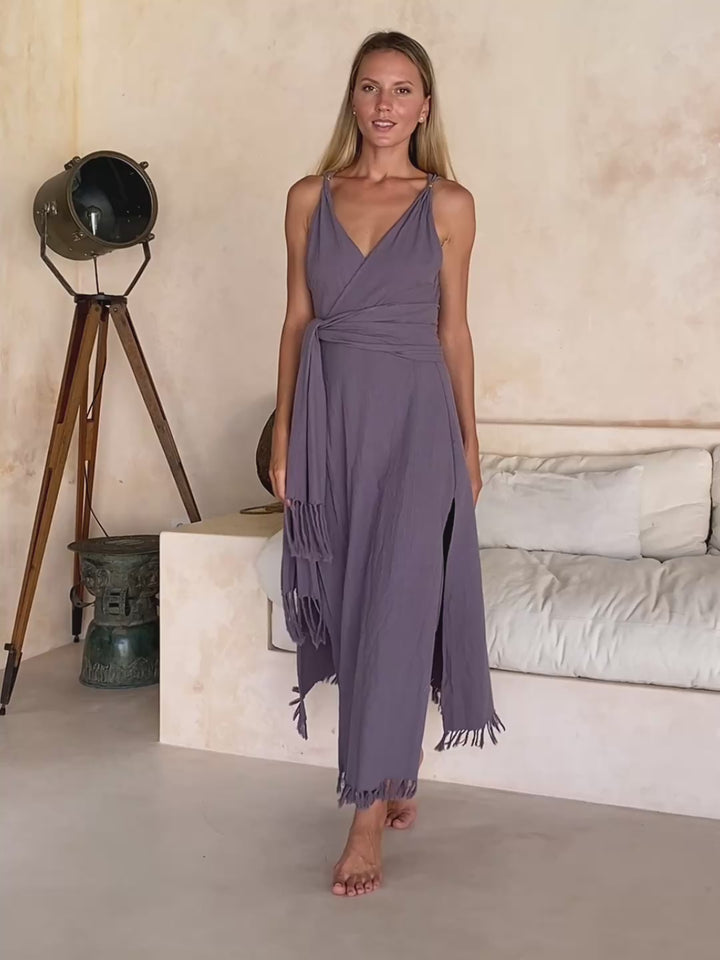 Sleeveless Raw Wrap Dress / Purple