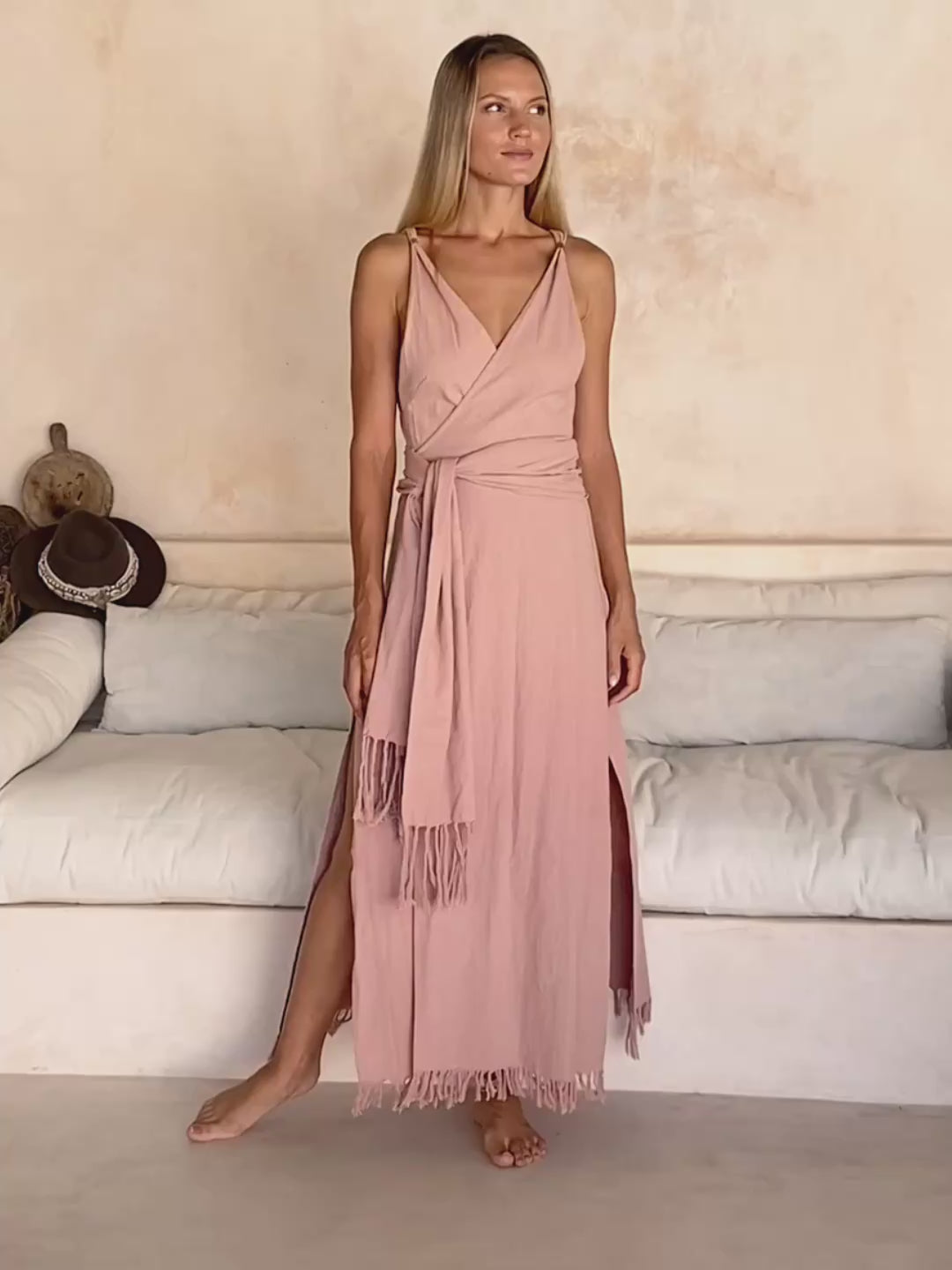 Sleeveless Raw Wrap Dress / Dusty Pink