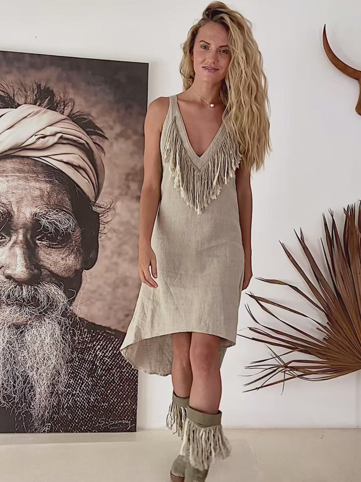 Fringe Linen Mini Dress / Natural Grey