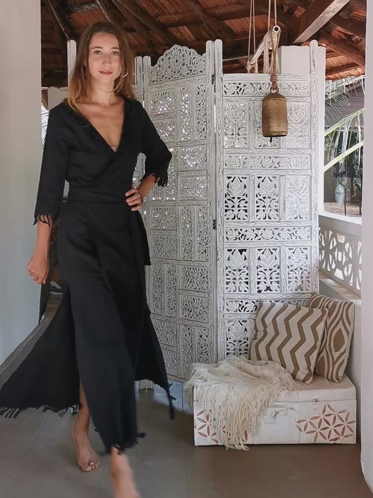 black dress sheer tights Wrap Boho Dress / Black