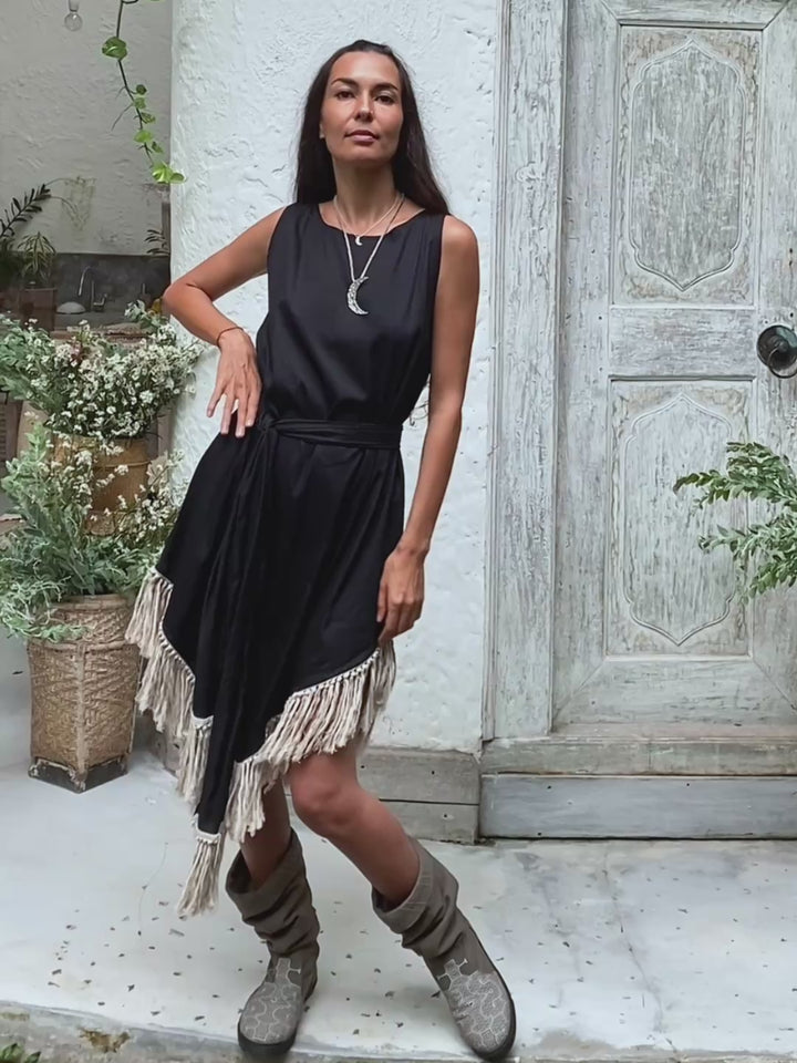 Corner Fringed Dress  / Black