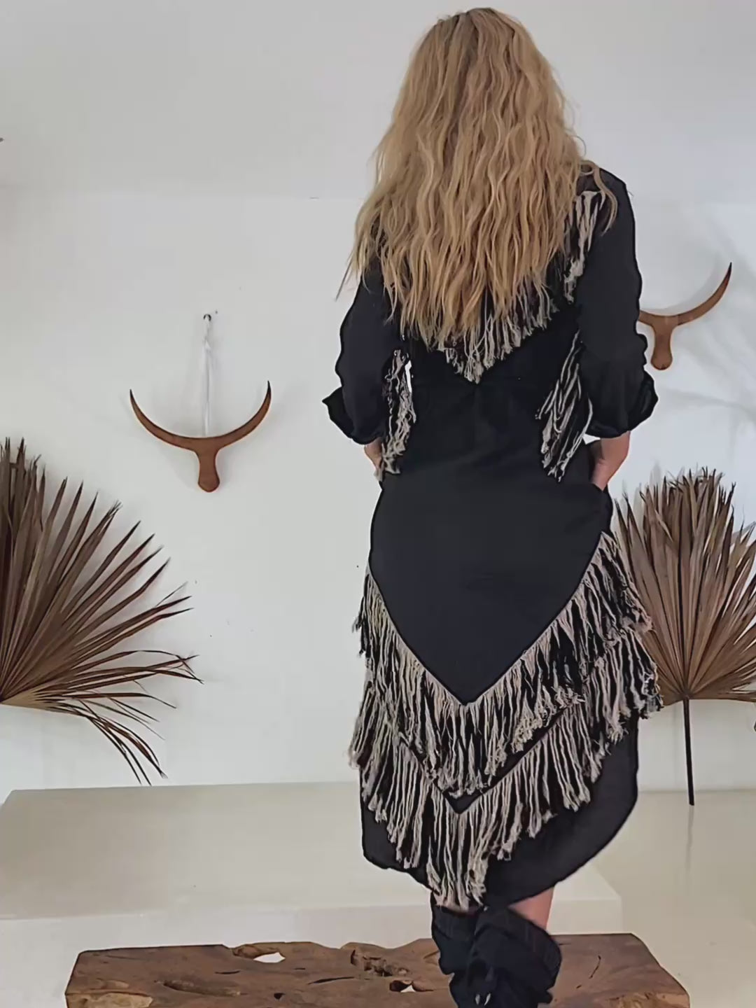Linen Fringe Shirt Dress / Black