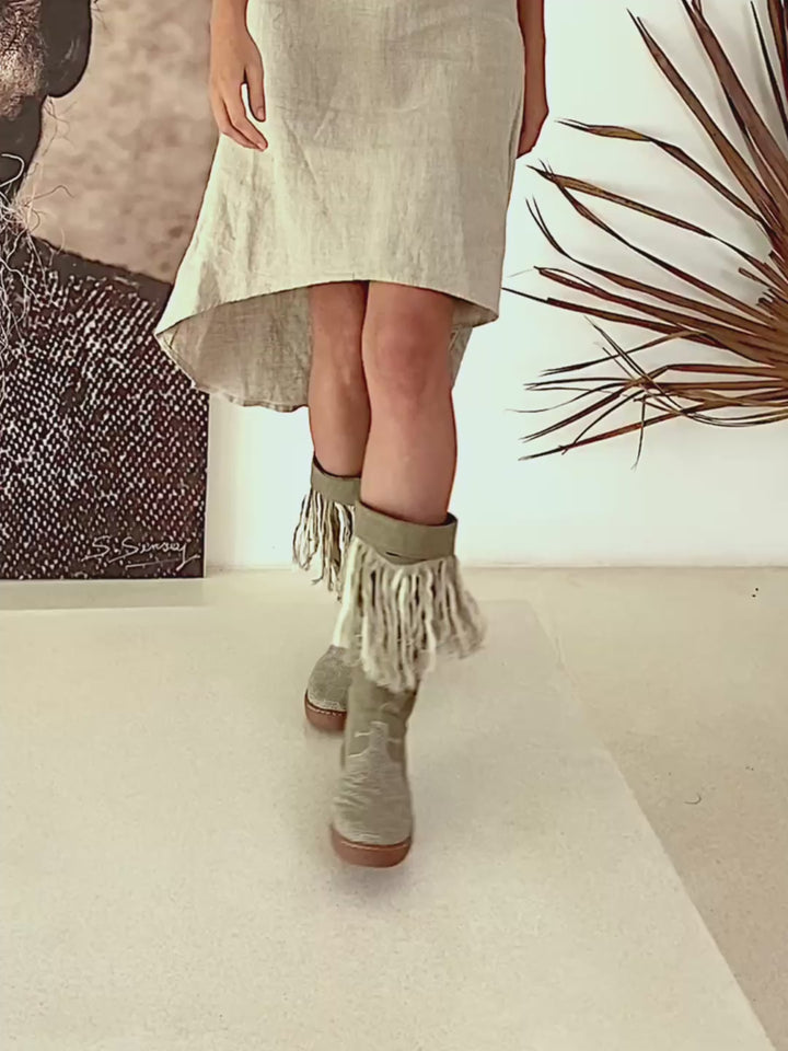 Fringy Tribal Boots / Army Green