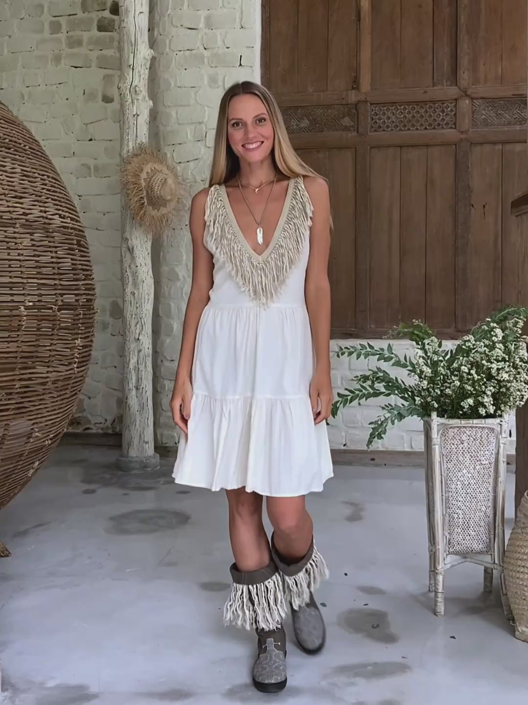 Fringed Midi Dress / Off White