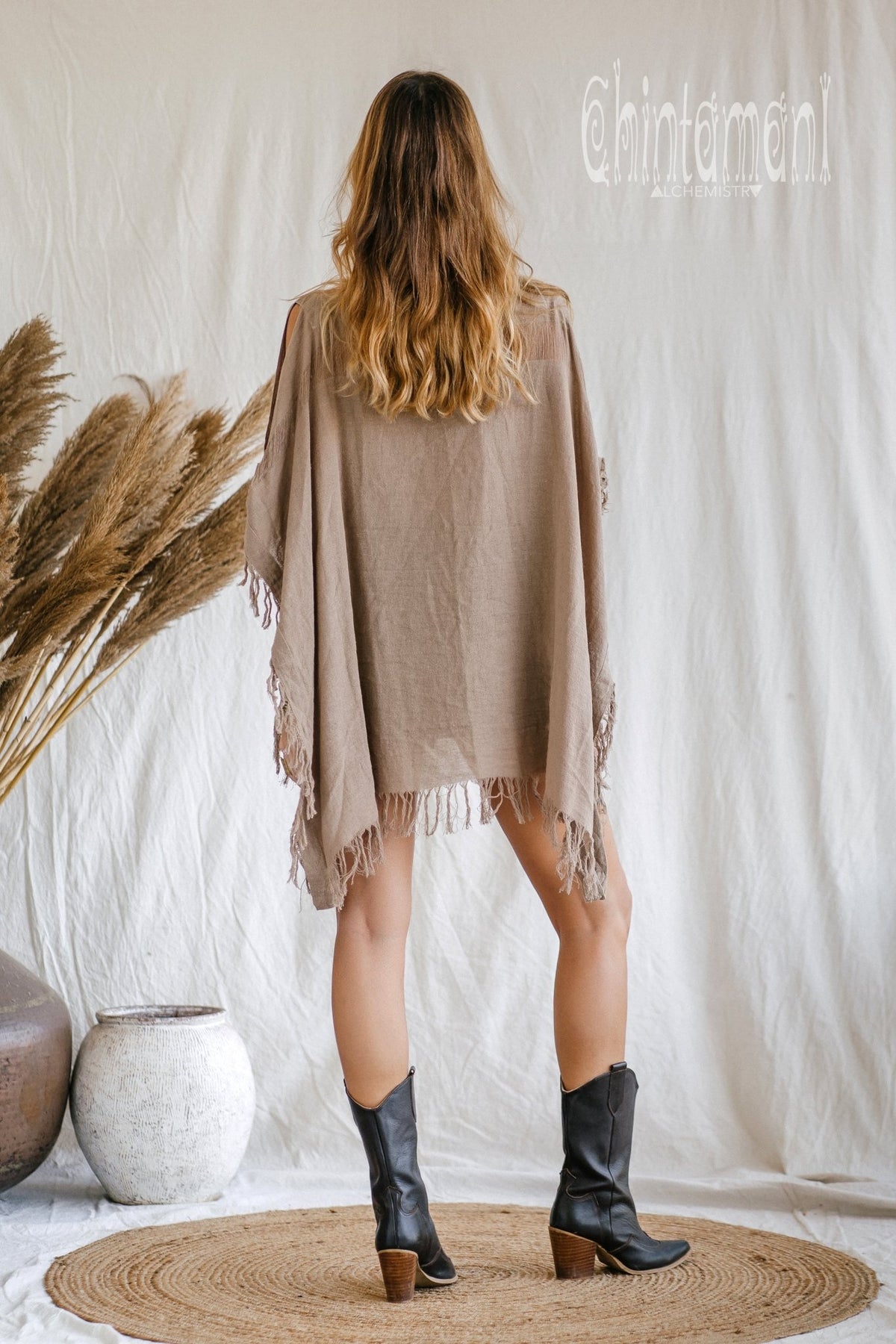 Raw Cotton Bohemian Poncho Top / Off Shoulder / Coffee - ChintamaniAlchemi