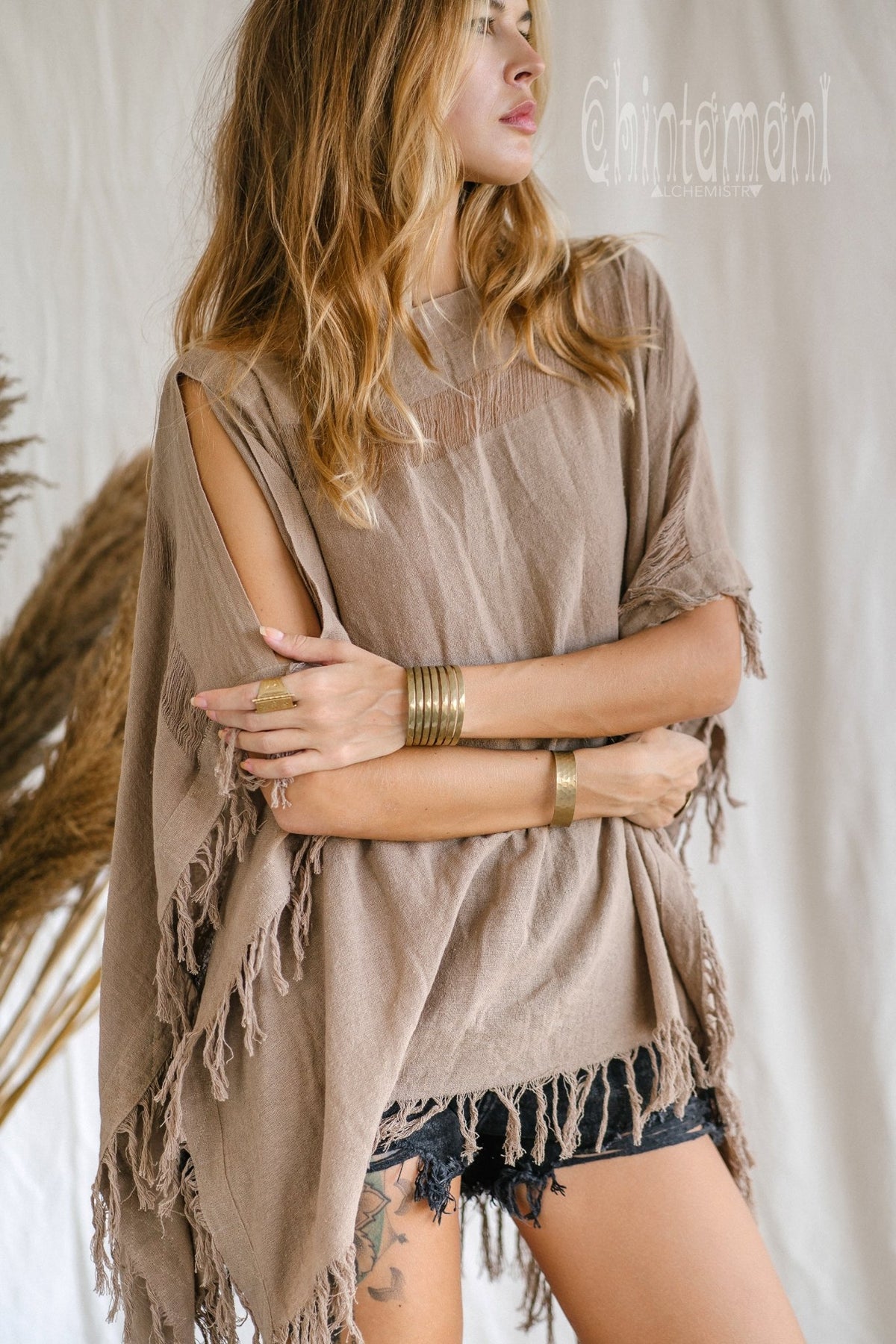 Raw Cotton Bohemian Poncho Top / Off Shoulder / Coffee - ChintamaniAlchemi