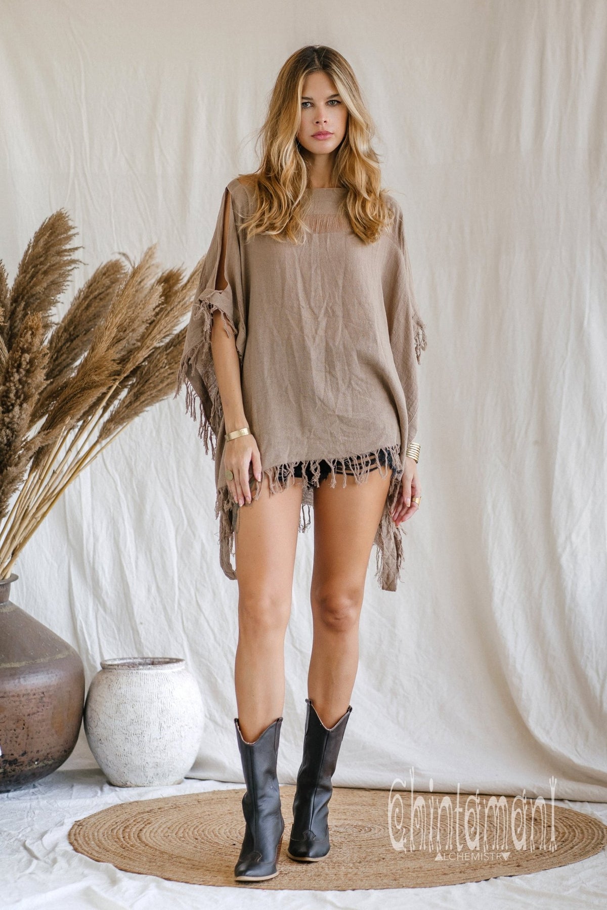 Raw Cotton Bohemian Poncho Top / Off Shoulder / Coffee - ChintamaniAlchemi