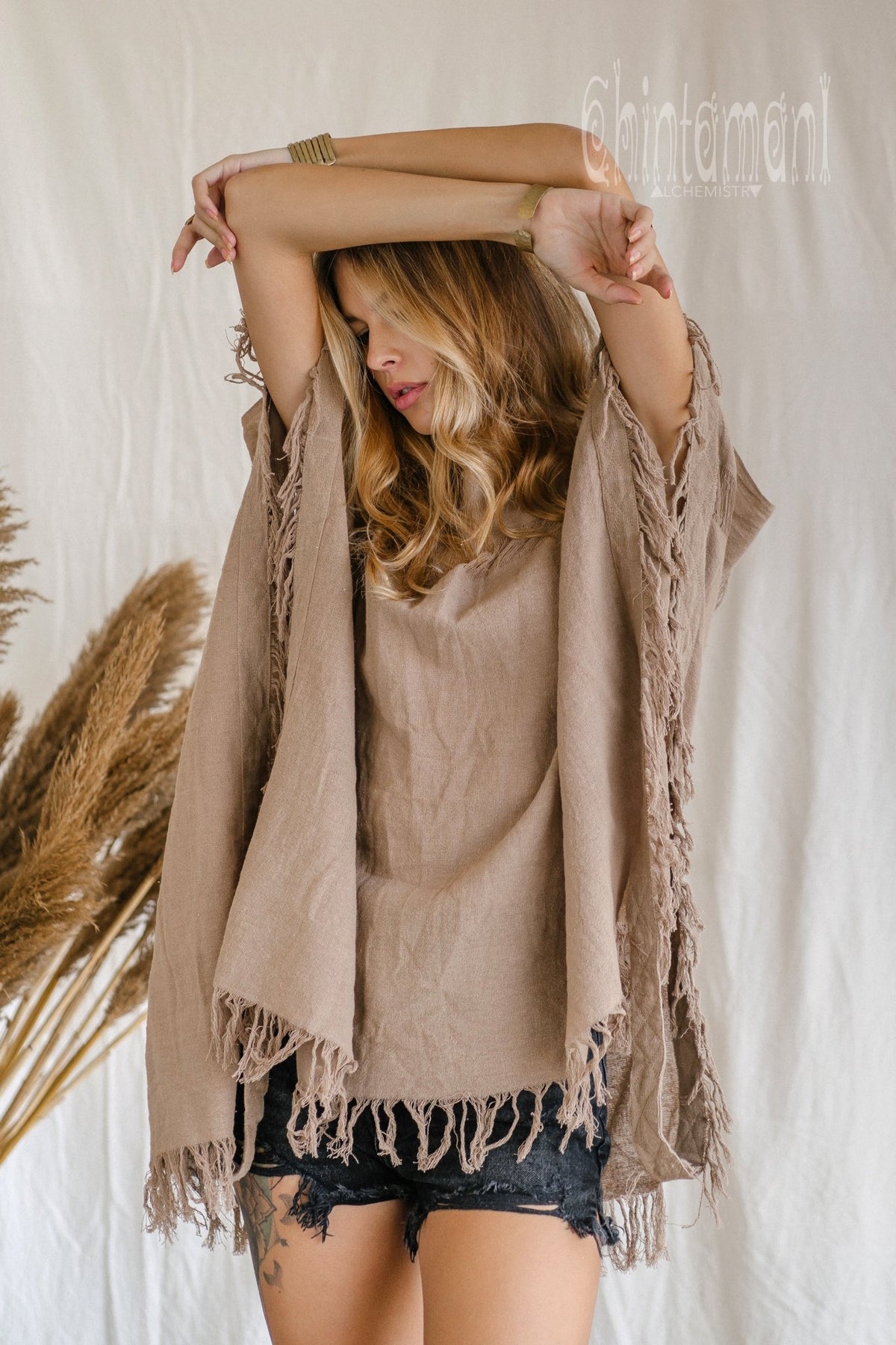 Raw Cotton Bohemian Poncho Top / Off Shoulder / Coffee - ChintamaniAlchemi