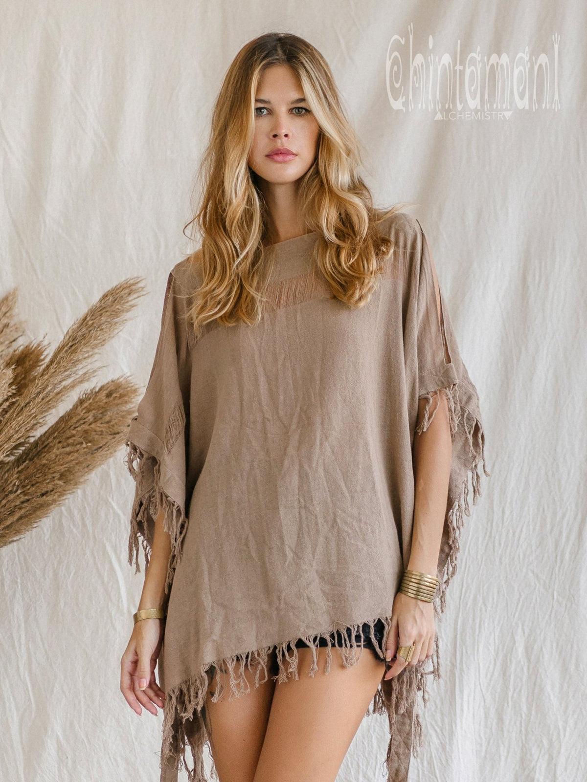 Raw Cotton Bohemian Poncho Top / Off Shoulder / Coffee - ChintamaniAlchemi