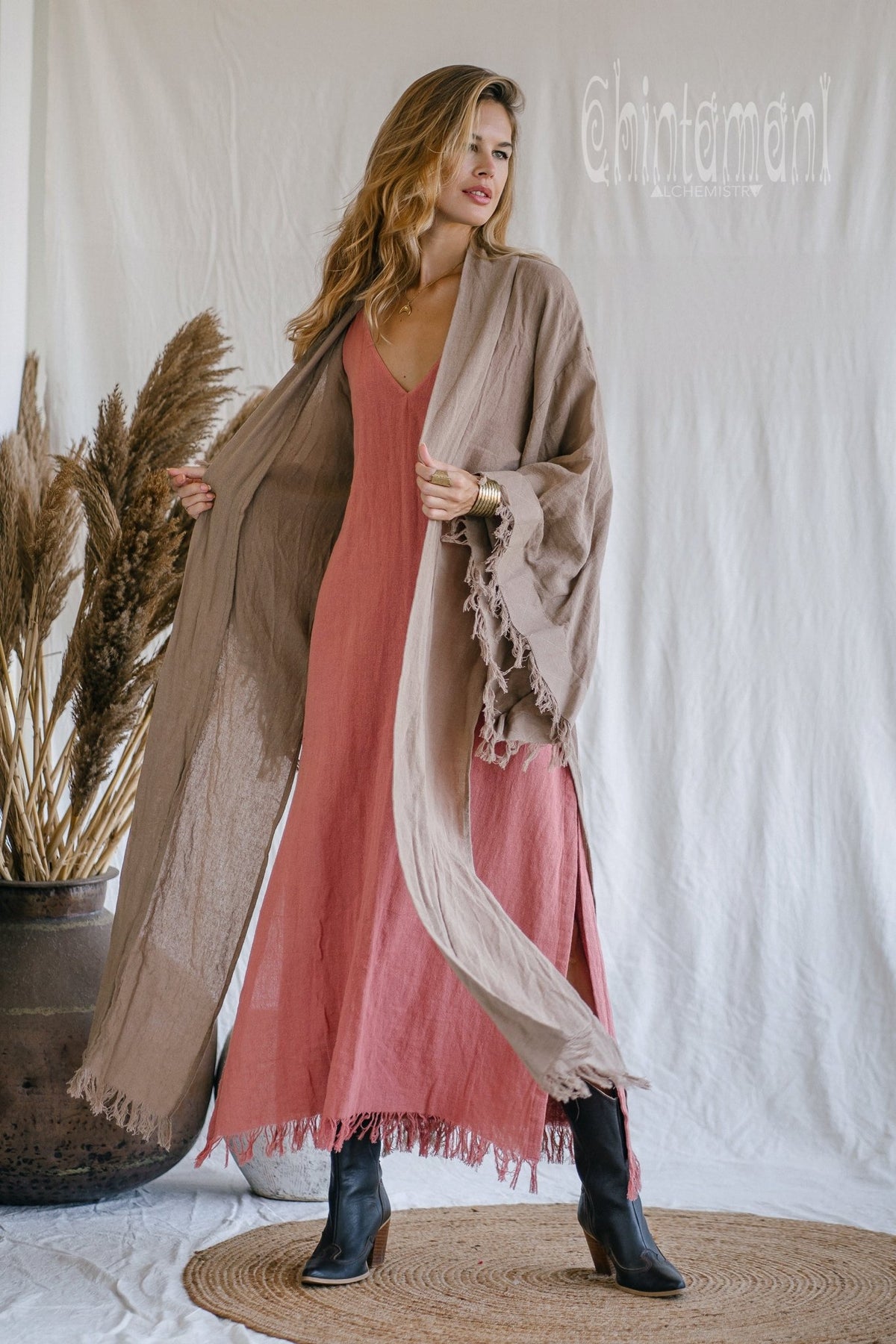 Raw Cotton Fringe Kimono Cardigan ∆ Wrap Jacket / Coffee - ChintamaniAlchemi