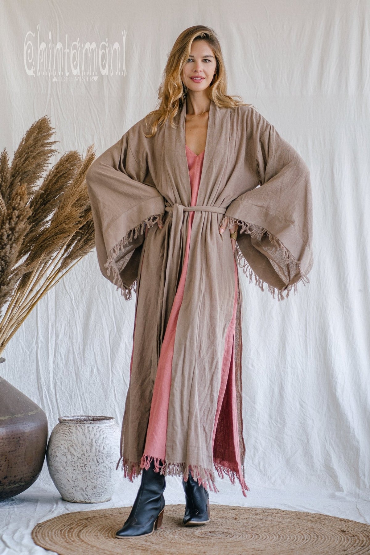 Raw Cotton Fringe Kimono Cardigan ∆ Wrap Jacket / Coffee - ChintamaniAlchemi