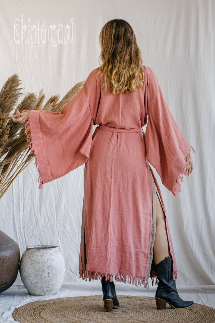 Raw Cotton Fringe Kimono Cardigan ∆ Wrap Jacket / Pink - ChintamaniAlchemi
