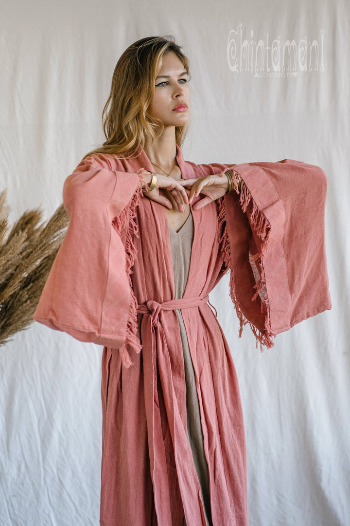 Raw Cotton Fringe Kimono Cardigan ∆ Wrap Jacket / Pink - ChintamaniAlchemi