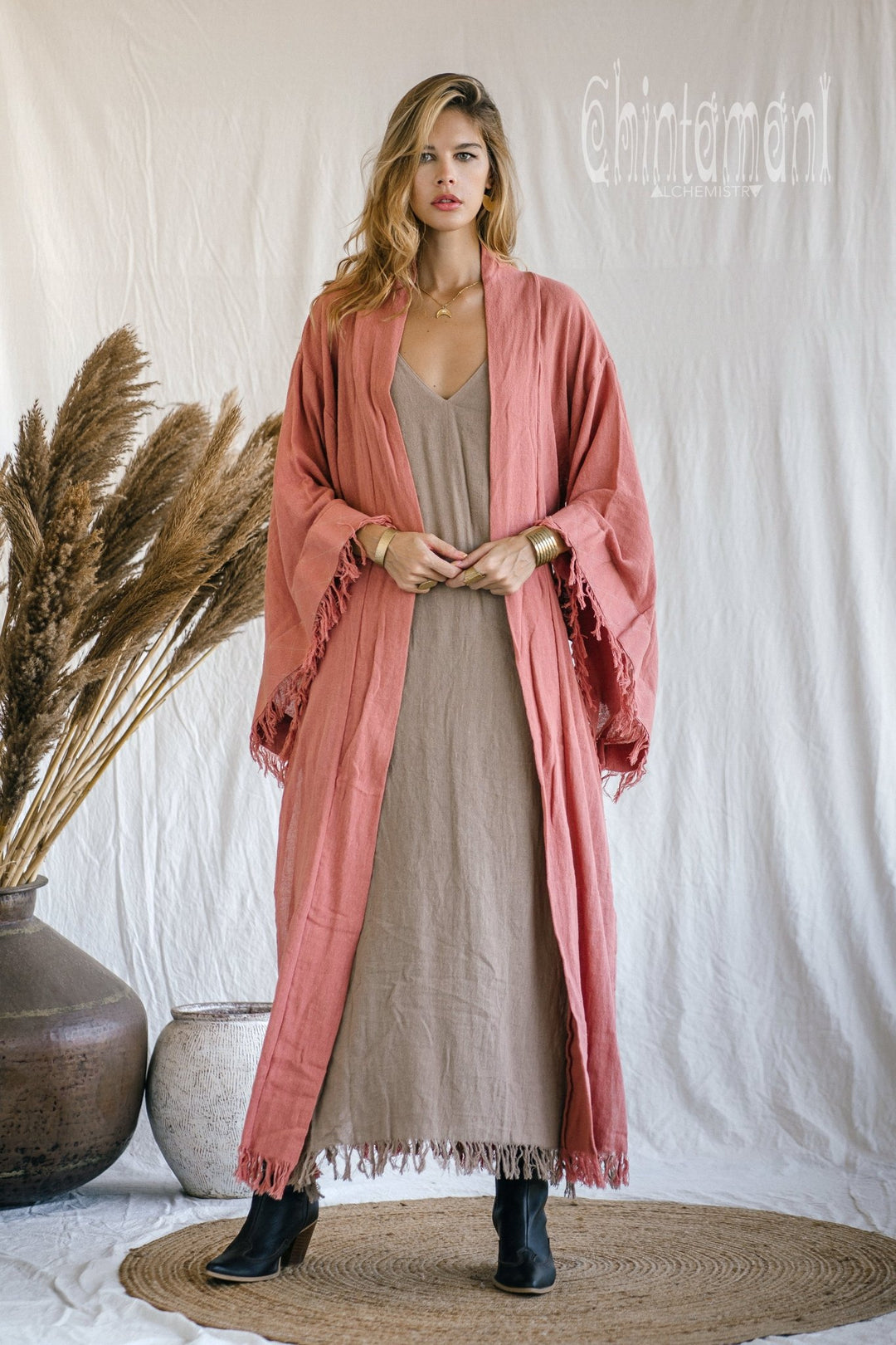 Raw Cotton Fringe Kimono Cardigan ∆ Wrap Jacket / Pink - ChintamaniAlchemi