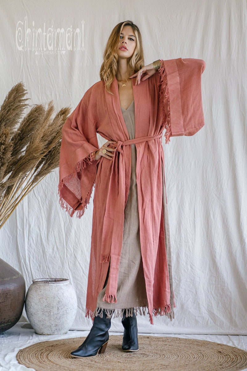 Raw Cotton Fringe Kimono Cardigan ∆ Wrap Jacket / Pink - ChintamaniAlchemi