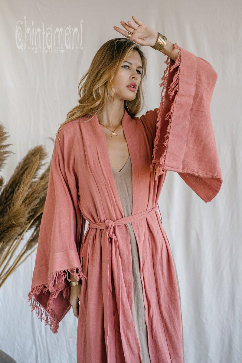 Raw Cotton Fringe Kimono Cardigan ∆ Wrap Jacket / Pink - ChintamaniAlchemi