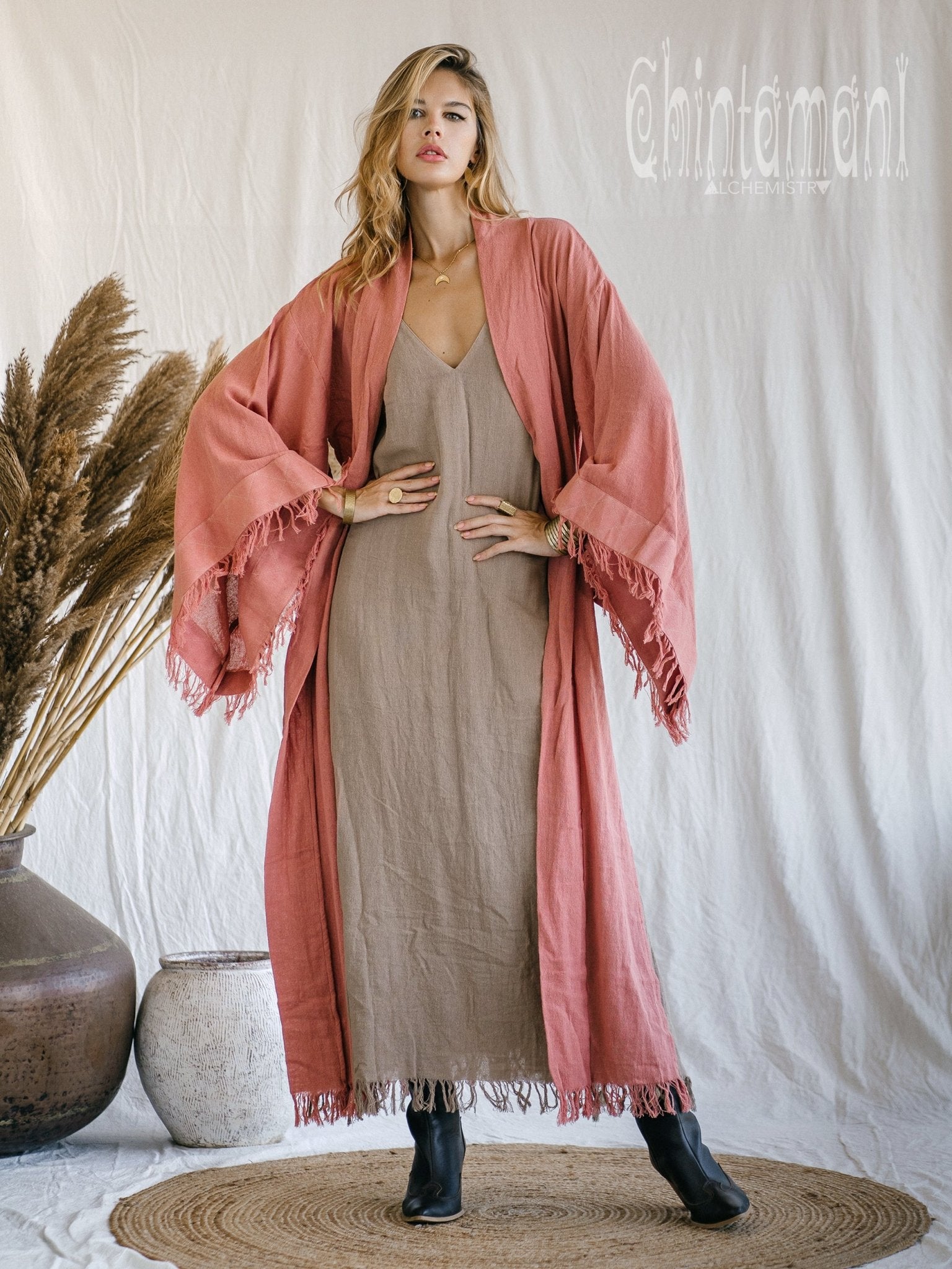 Raw Cotton Fringe Kimono Cardigan ∆ Wrap Jacket / Pink - ChintamaniAlchemi