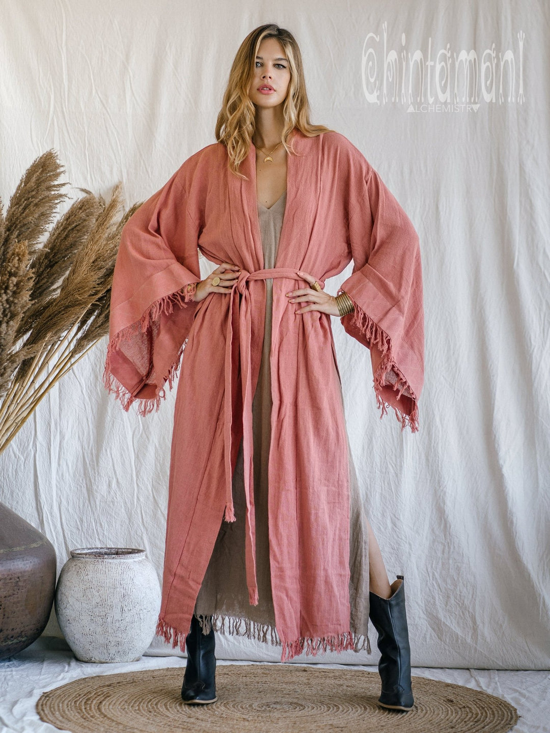 Raw Cotton Fringe Kimono Cardigan ∆ Wrap Jacket / Pink - ChintamaniAlchemi