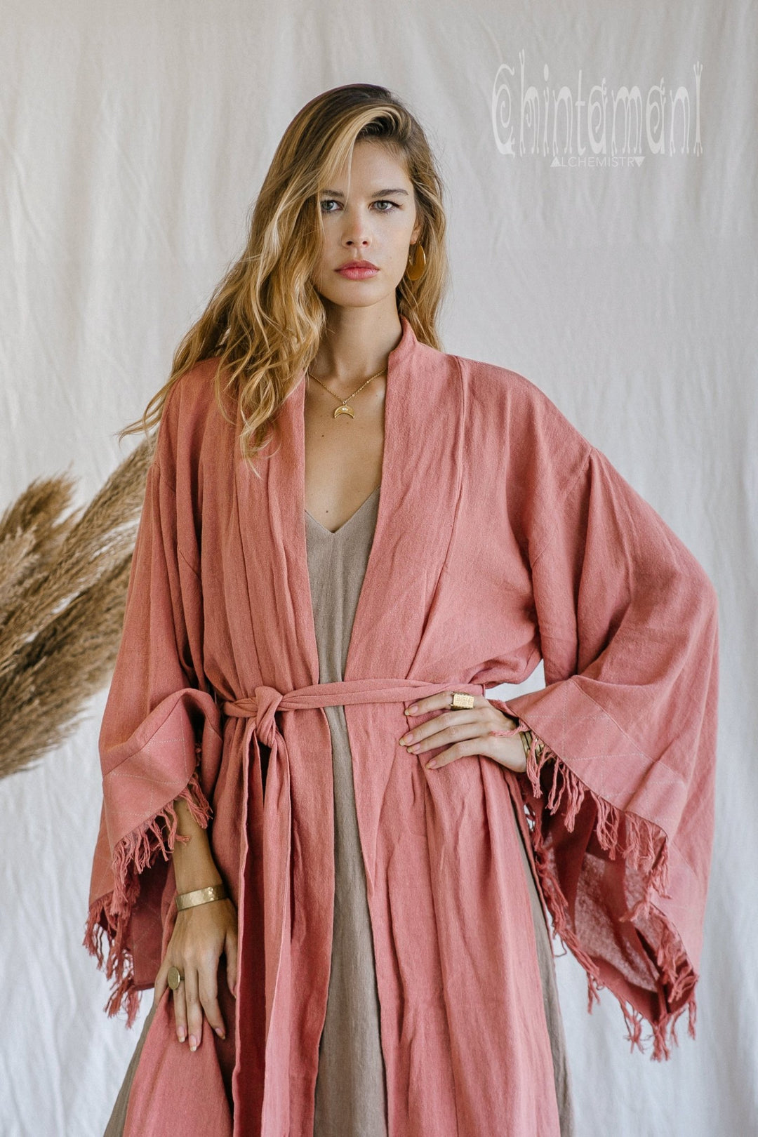 Raw Cotton Fringe Kimono Cardigan ∆ Wrap Jacket / Pink - ChintamaniAlchemi