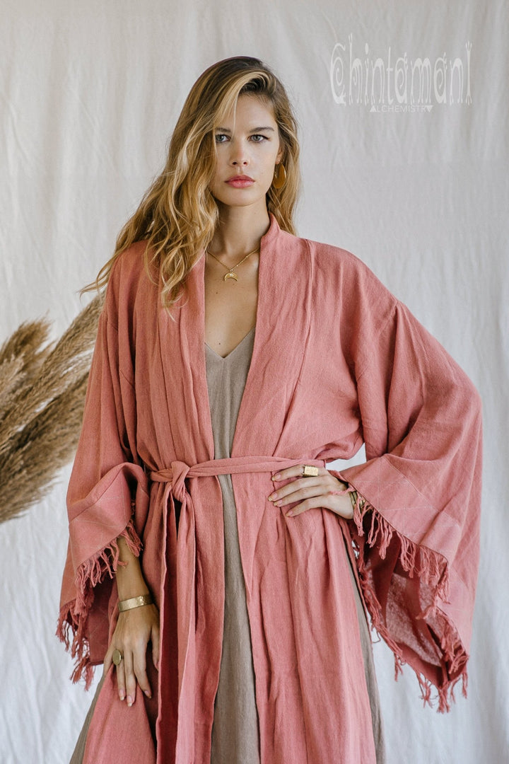 Raw Cotton Fringe Kimono Cardigan ∆ Wrap Jacket / Pink - ChintamaniAlchemi