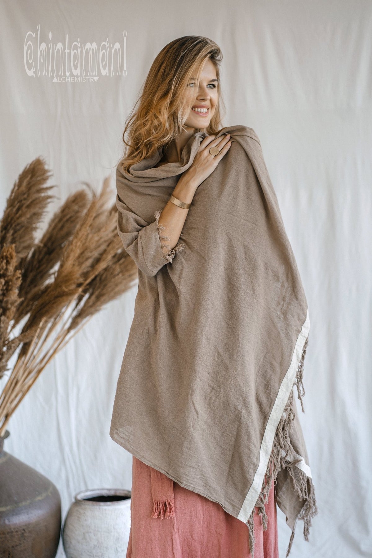 Raw Cotton Sleeves Shawl Cardigan / Boho Wrap Cloak / Coffee - ChintamaniAlchemi